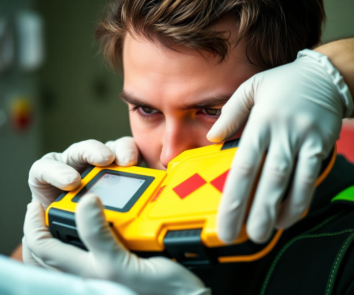 Paramedic student using a defibrillator during simulation